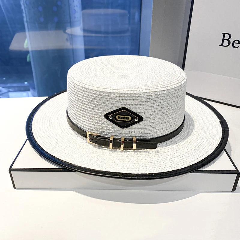 Trendy Luxury Designer Belt Buckle Flat Top Hat Summer Ladies Travel Sunshade Big Brim Straw Hats Retro Women Casual Bucket Cap