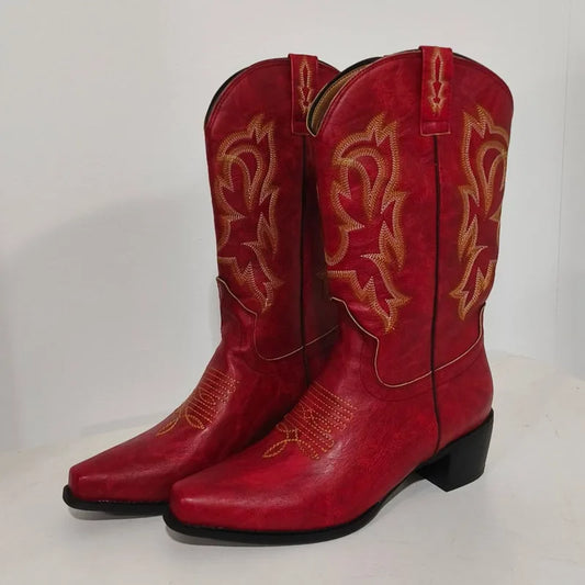 Embroidered Red Western Boots 2024 Autumn Winter Pointed Medium Thick Heel Women's Big Size Slip On Western Boots