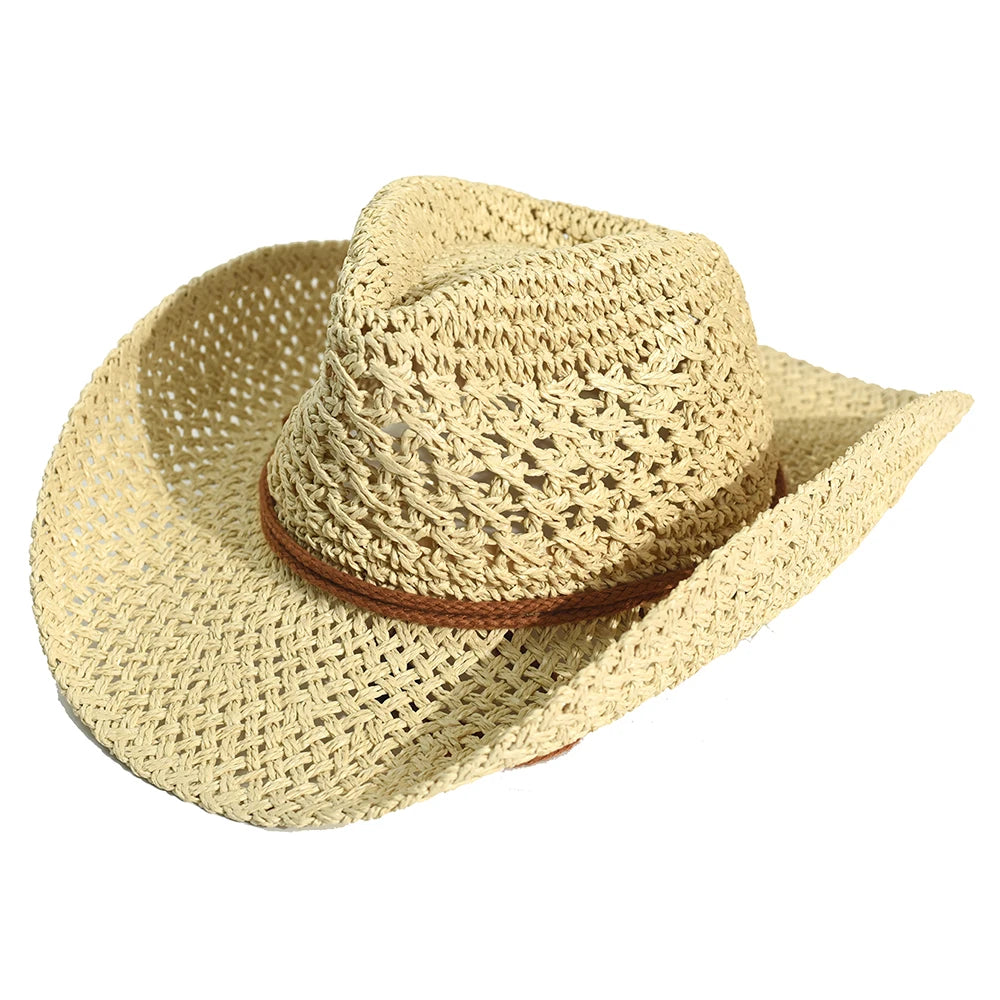 Panama Soft Handmade Cowboy Straw Hat Summer Men Women Outdoor Travel Beach Hats Unisex Solid Wide Brim Beach Sun Cap Fedora Hat