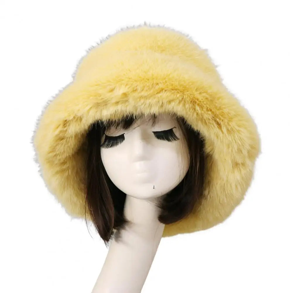 Bucket Hat Oversized Fluffy Wide Brim Soft Thickened Ear Faux Fur Winter Thermal Women Fisherman Cap