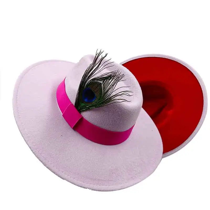 Red Feather Fedoras Men Hat Spring Autumn Jazz Hats Fashion Men's And Women's Drop Type Church Panama Hat Wide Brim Wholesale