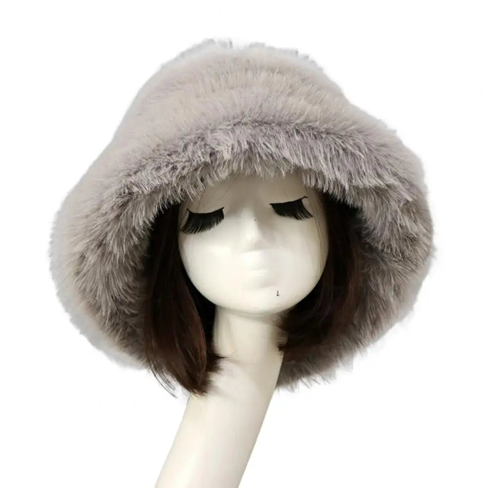 Bucket Hat Oversized Fluffy Wide Brim Soft Thickened Ear Faux Fur Winter Thermal Women Fisherman Cap