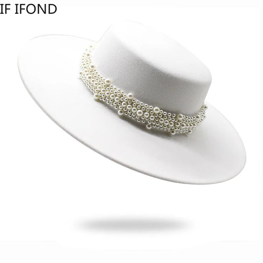 Fedora Hat For Women Temperament Elegant Beige Flat Top Jazz Caps 10CM Wide Brim Pearl Decoration Lady Wedding Dress Hat