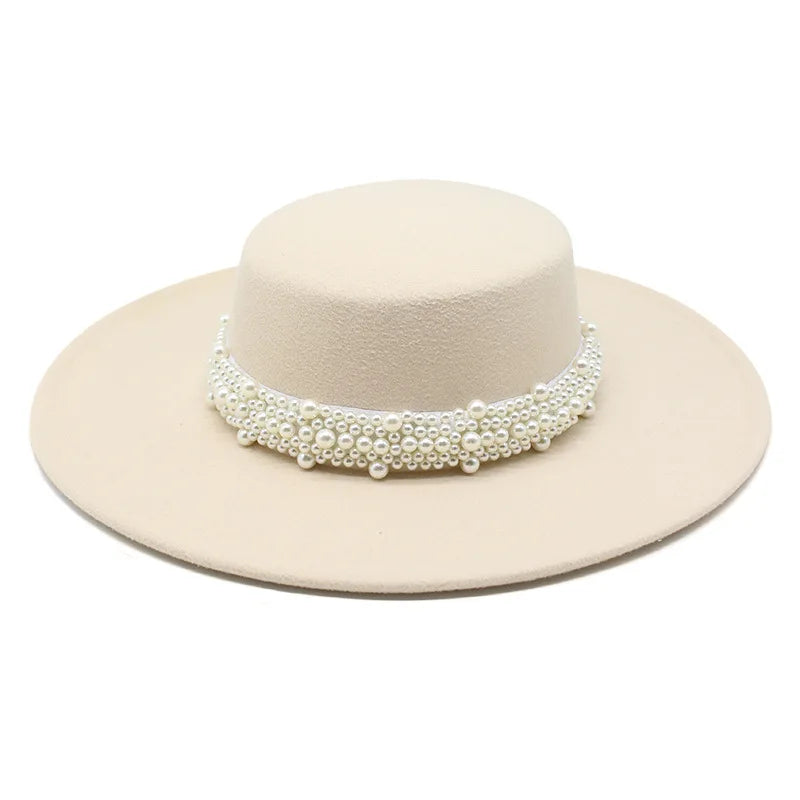 Fedora Hat For Women Temperament Elegant Beige Flat Top Jazz Caps 10CM Wide Brim Pearl Decoration Lady Wedding Dress Hat