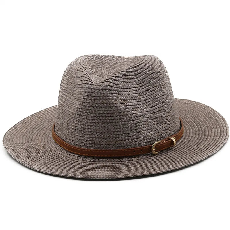 21 Colors Solid Color Straw Hat with Brown Belt Wide Brim Sun Protection Unisex Beach Hat Women Summer Outdoor Jazz Panama Cap