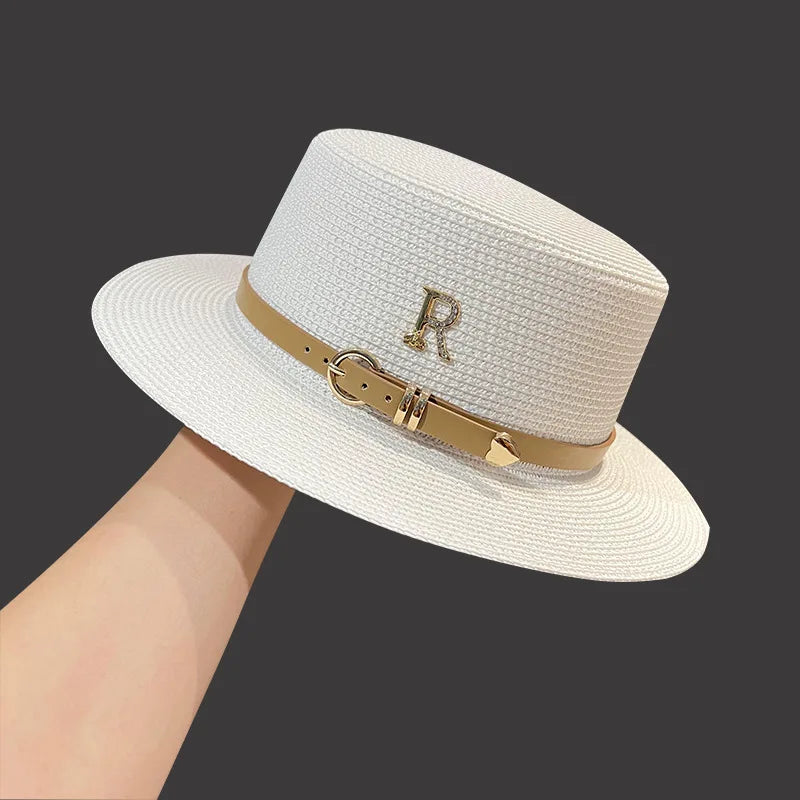 Trendy Luxury Designer Belt Buckle Flat Top Hat Summer Ladies Travel Sunshade Big Brim Straw Hats Retro Women Casual Bucket Cap