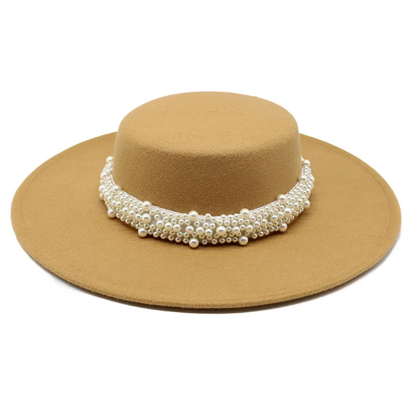 Fedora Hat For Women Temperament Elegant Beige Flat Top Jazz Caps 10CM Wide Brim Pearl Decoration Lady Wedding Dress Hat