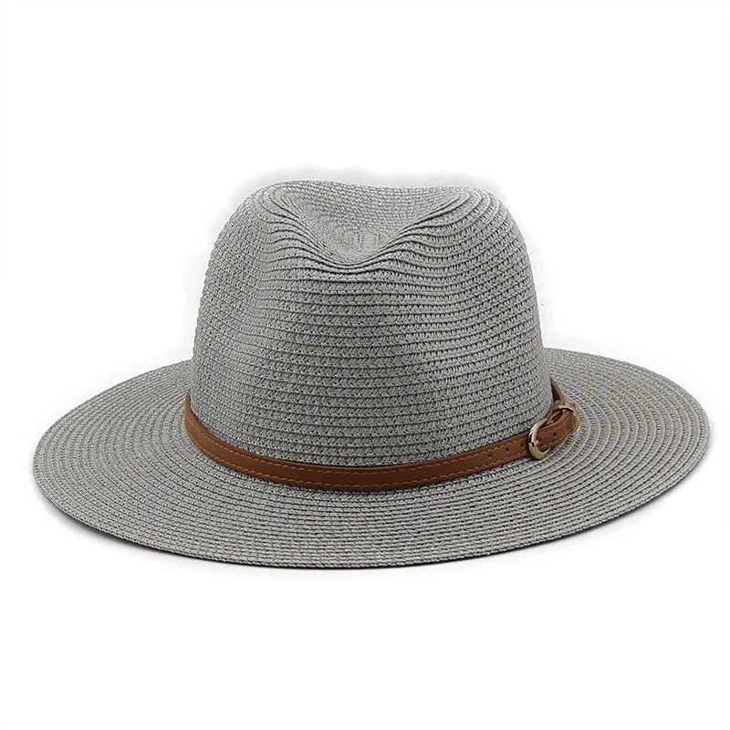 21 Colors Solid Color Straw Hat with Brown Belt Wide Brim Sun Protection Unisex Beach Hat Women Summer Outdoor Jazz Panama Cap