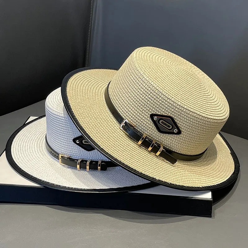 Trendy Luxury Designer Belt Buckle Flat Top Hat Summer Ladies Travel Sunshade Big Brim Straw Hats Retro Women Casual Bucket Cap