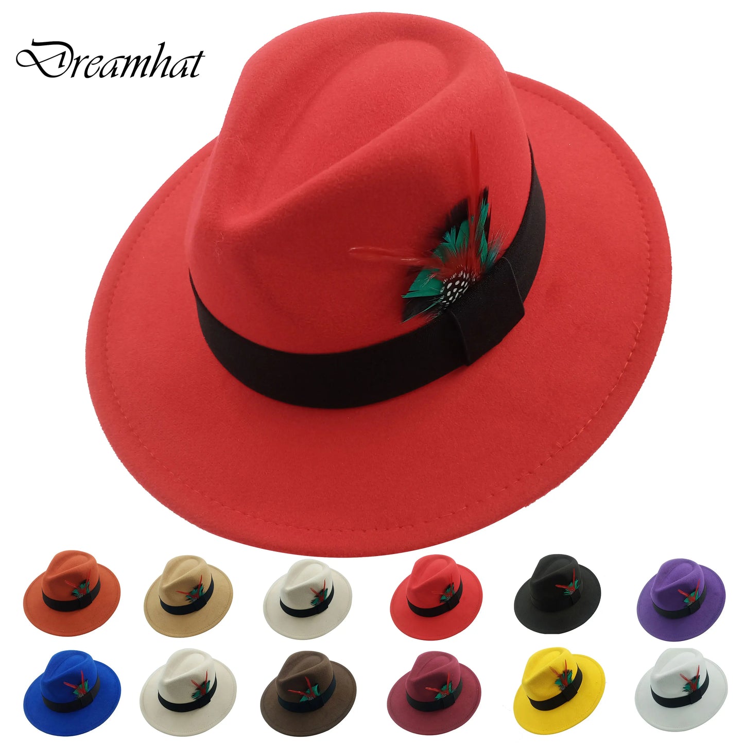 Red Feather Fedoras Men Hat Spring Autumn Jazz Hats Fashion Men's And Women's Drop Type Church Panama Hat Wide Brim Wholesale