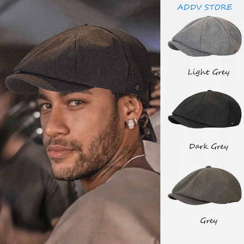 Men's Handsome Octagonal Hat Casual Gentleman British Style Newsboy Hat Metal Label Vintage Short Brim Forward Hat