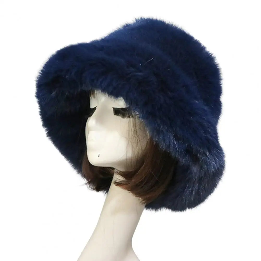 Bucket Hat Oversized Fluffy Wide Brim Soft Thickened Ear Faux Fur Winter Thermal Women Fisherman Cap