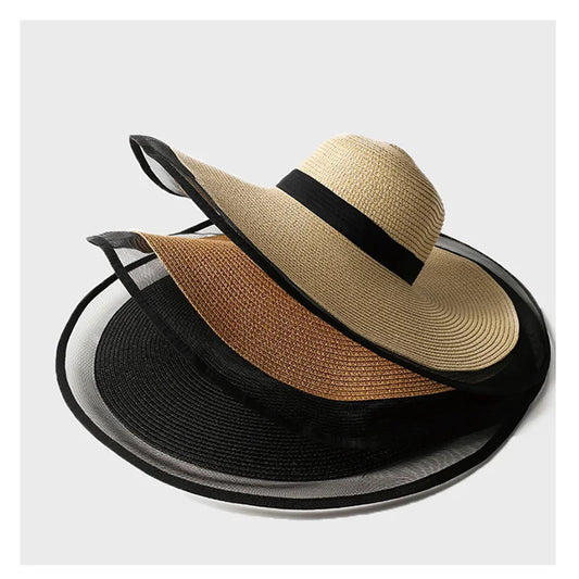 Women Sun Hat Big Eaves Waves Beach Cap Ladies Hat Big Brim Sun Visors UV Cut Bucket Panama Cap Foldable Straw Sunscreen Vintage