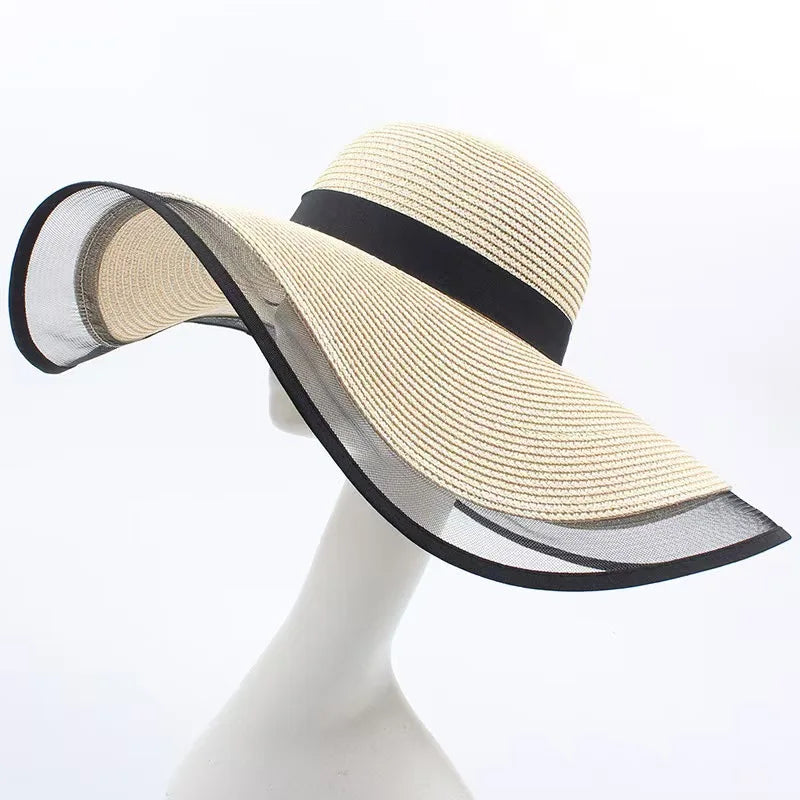 Women Sun Hat Big Eaves Waves Beach Cap Ladies Hat Big Brim Sun Visors UV Cut Bucket Panama Cap Foldable Straw Sunscreen Vintage