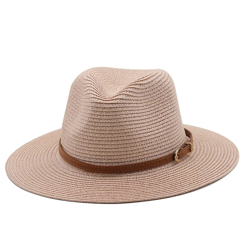 21 Colors Solid Color Straw Hat with Brown Belt Wide Brim Sun Protection Unisex Beach Hat Women Summer Outdoor Jazz Panama Cap