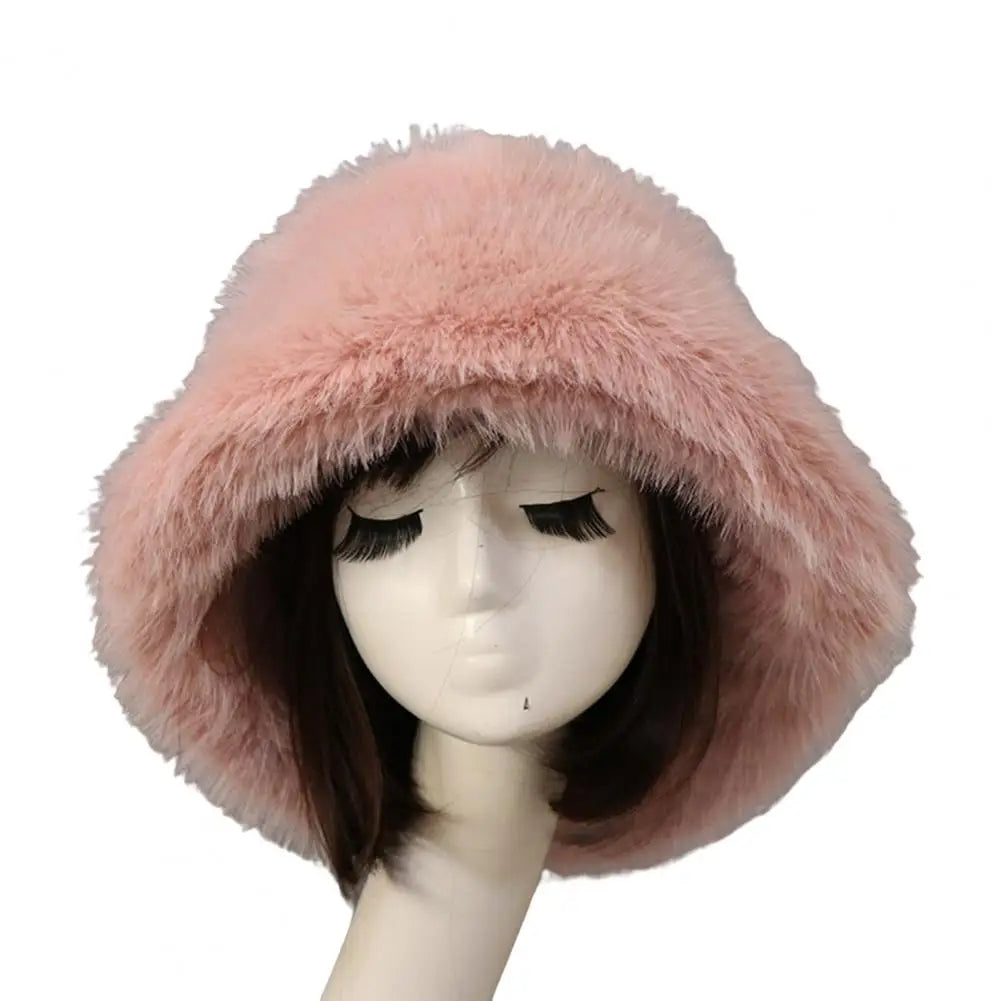 Bucket Hat Oversized Fluffy Wide Brim Soft Thickened Ear Faux Fur Winter Thermal Women Fisherman Cap