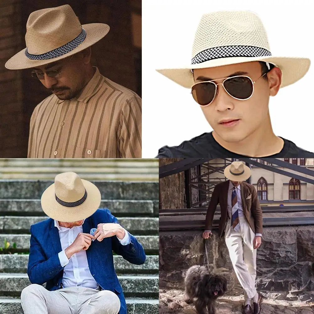 Men's Summer Straw Hat Beach Large Brim Panama Anti-UV Sun Hat Outdoor Golf Fishing Cap Panama Jack Men's Straw Safari Hat