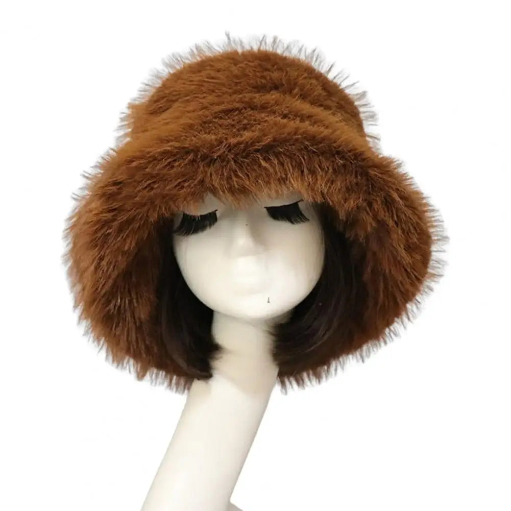 Bucket Hat Oversized Fluffy Wide Brim Soft Thickened Ear Faux Fur Winter Thermal Women Fisherman Cap