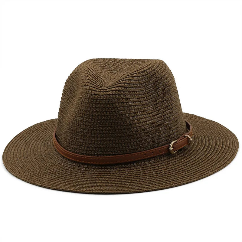 21 Colors Solid Color Straw Hat with Brown Belt Wide Brim Sun Protection Unisex Beach Hat Women Summer Outdoor Jazz Panama Cap