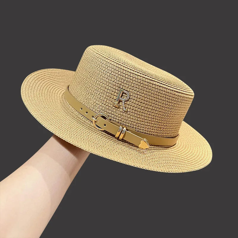 Trendy Luxury Designer Belt Buckle Flat Top Hat Summer Ladies Travel Sunshade Big Brim Straw Hats Retro Women Casual Bucket Cap