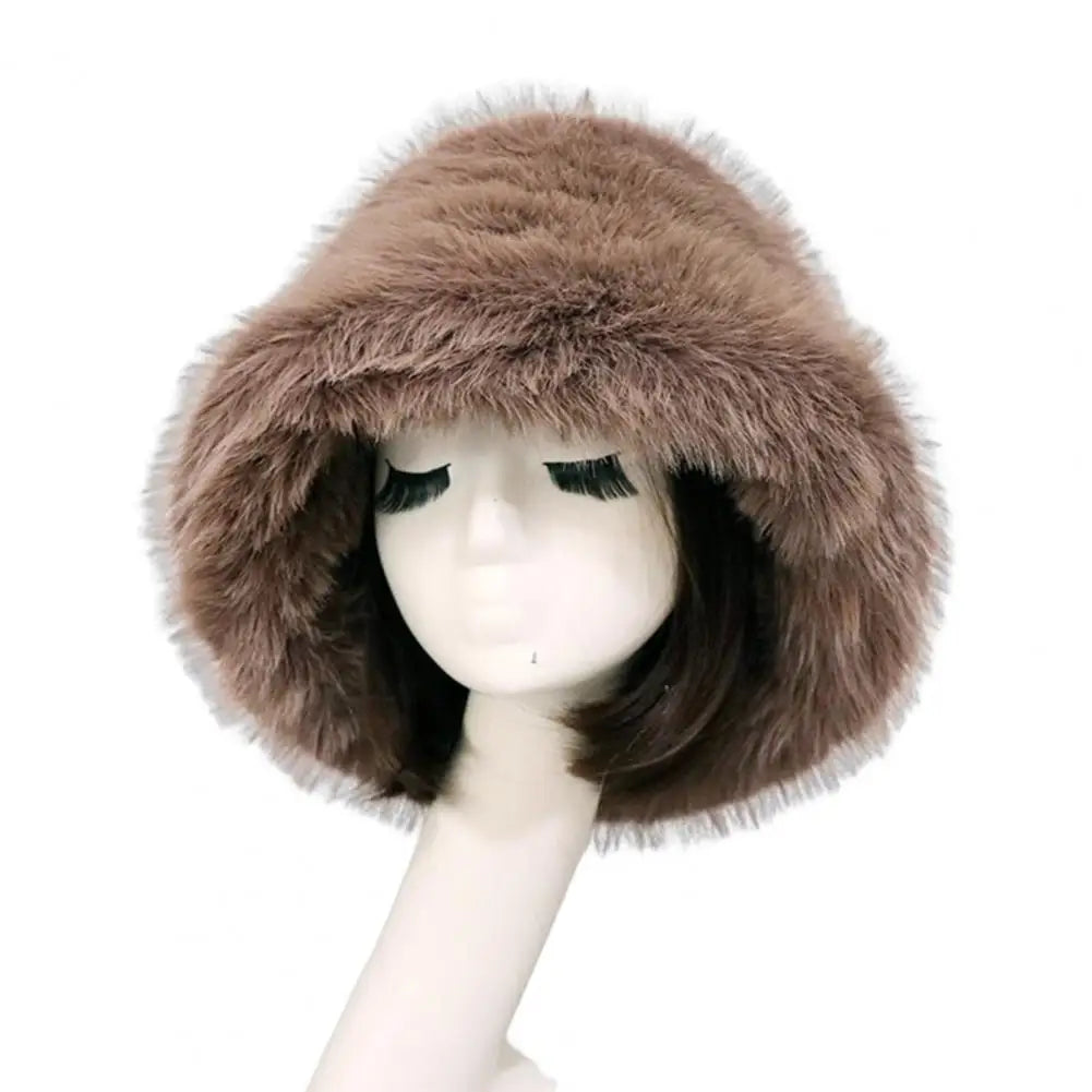 Bucket Hat Oversized Fluffy Wide Brim Soft Thickened Ear Faux Fur Winter Thermal Women Fisherman Cap