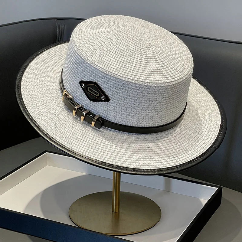 Trendy Luxury Designer Belt Buckle Flat Top Hat Summer Ladies Travel Sunshade Big Brim Straw Hats Retro Women Casual Bucket Cap