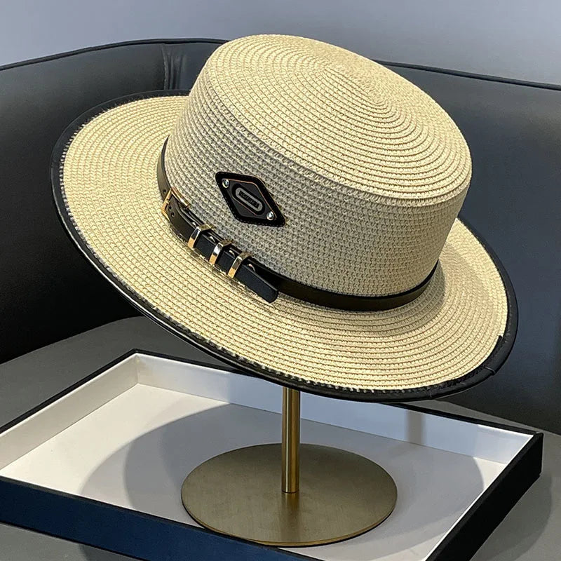 Trendy Luxury Designer Belt Buckle Flat Top Hat Summer Ladies Travel Sunshade Big Brim Straw Hats Retro Women Casual Bucket Cap