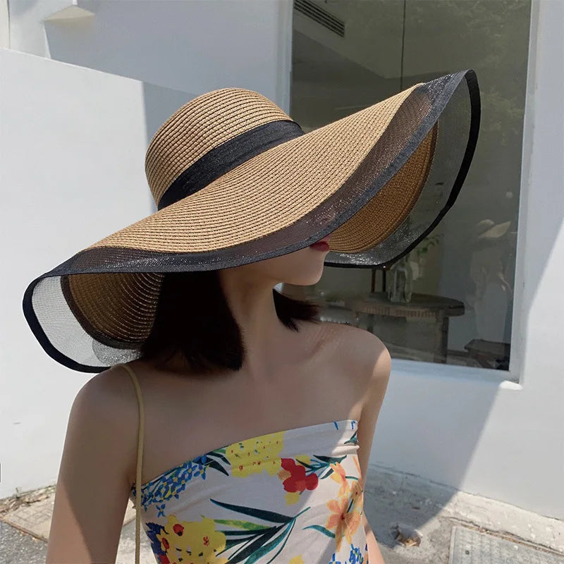 Women Sun Hat Big Eaves Waves Beach Cap Ladies Hat Big Brim Sun Visors UV Cut Bucket Panama Cap Foldable Straw Sunscreen Vintage