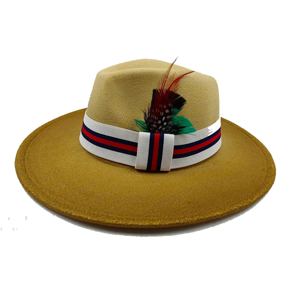 Red Feather Fedoras Men Hat Spring Autumn Jazz Hats Fashion Men's And Women's Drop Type Church Panama Hat Wide Brim Wholesale