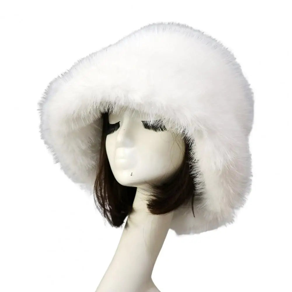 Bucket Hat Oversized Fluffy Wide Brim Soft Thickened Ear Faux Fur Winter Thermal Women Fisherman Cap