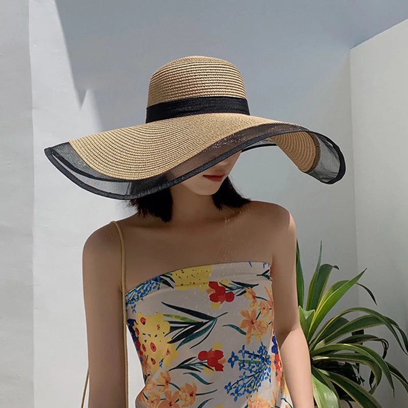 Women Sun Hat Big Eaves Waves Beach Cap Ladies Hat Big Brim Sun Visors UV Cut Bucket Panama Cap Foldable Straw Sunscreen Vintage