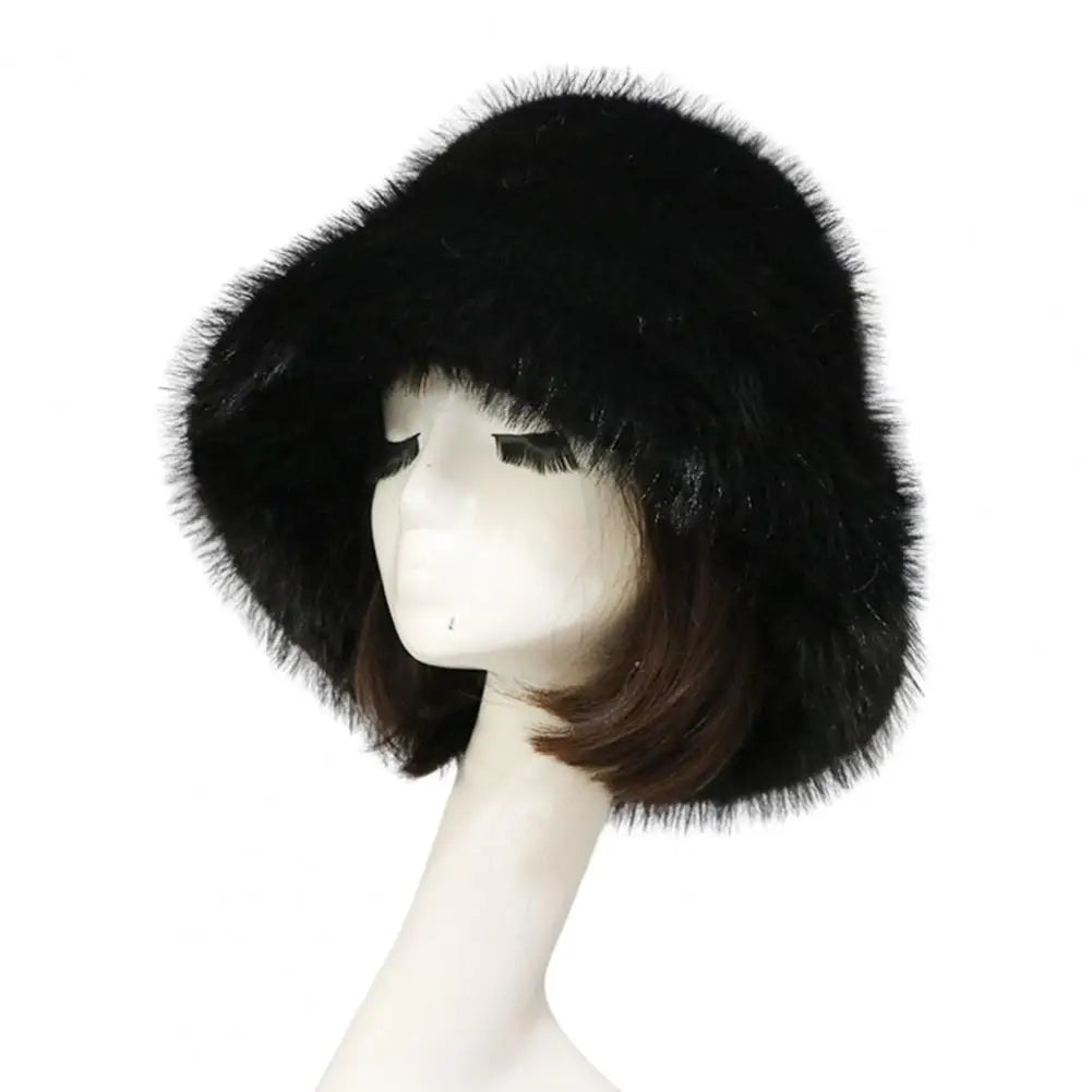 Bucket Hat Oversized Fluffy Wide Brim Soft Thickened Ear Faux Fur Winter Thermal Women Fisherman Cap