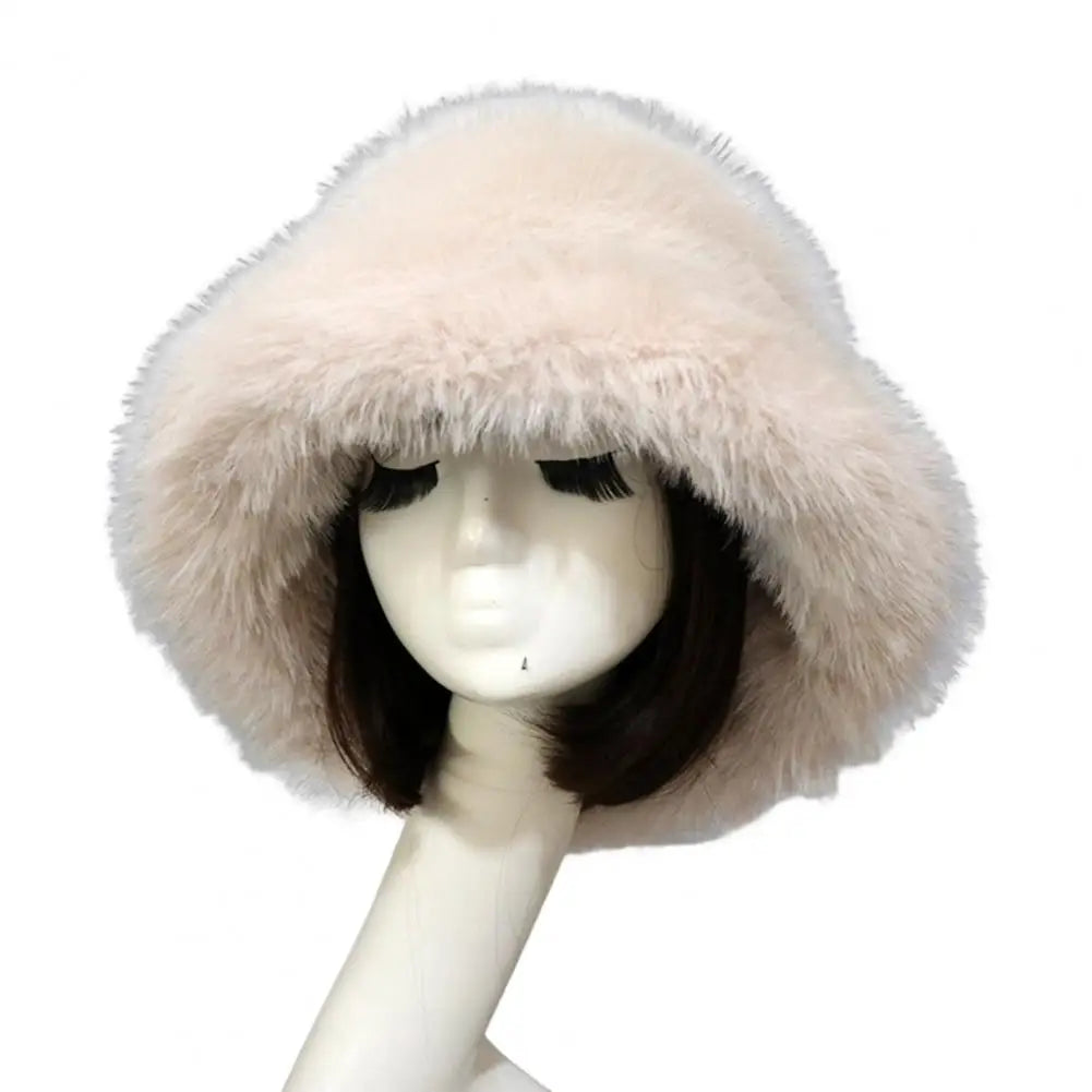 Bucket Hat Oversized Fluffy Wide Brim Soft Thickened Ear Faux Fur Winter Thermal Women Fisherman Cap