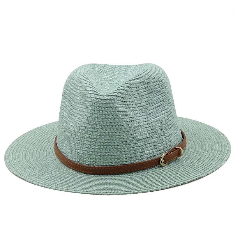 21 Colors Solid Color Straw Hat with Brown Belt Wide Brim Sun Protection Unisex Beach Hat Women Summer Outdoor Jazz Panama Cap