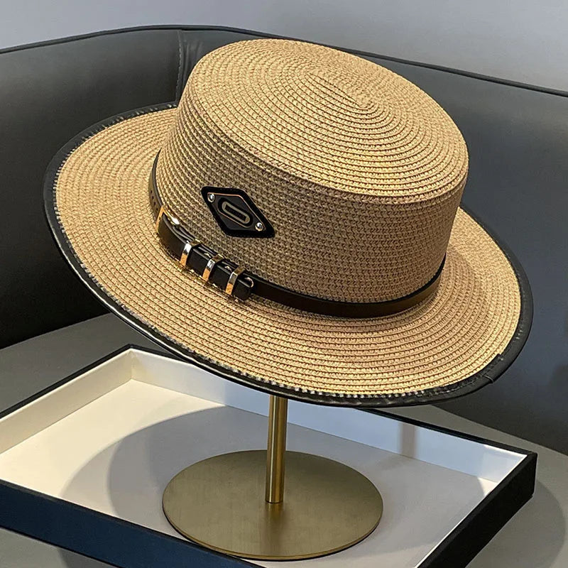 Trendy Luxury Designer Belt Buckle Flat Top Hat Summer Ladies Travel Sunshade Big Brim Straw Hats Retro Women Casual Bucket Cap