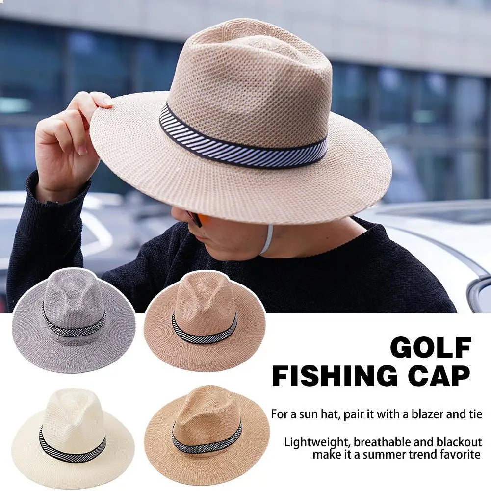 Men's Summer Straw Hat Beach Large Brim Panama Anti-UV Sun Hat Outdoor Golf Fishing Cap Panama Jack Men's Straw Safari Hat