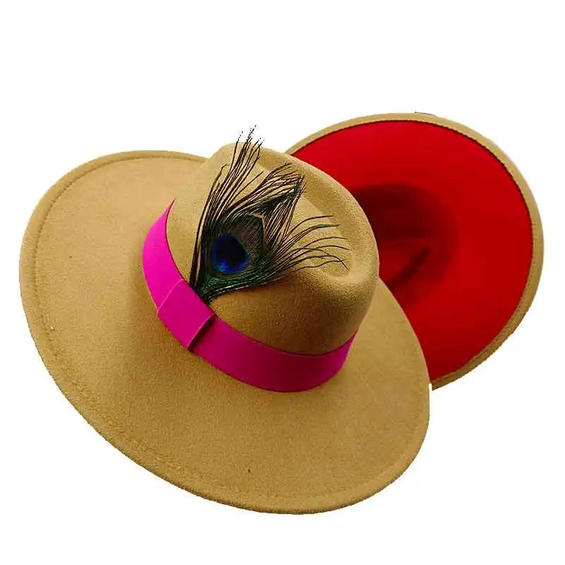 Red Feather Fedoras Men Hat Spring Autumn Jazz Hats Fashion Men's And Women's Drop Type Church Panama Hat Wide Brim Wholesale