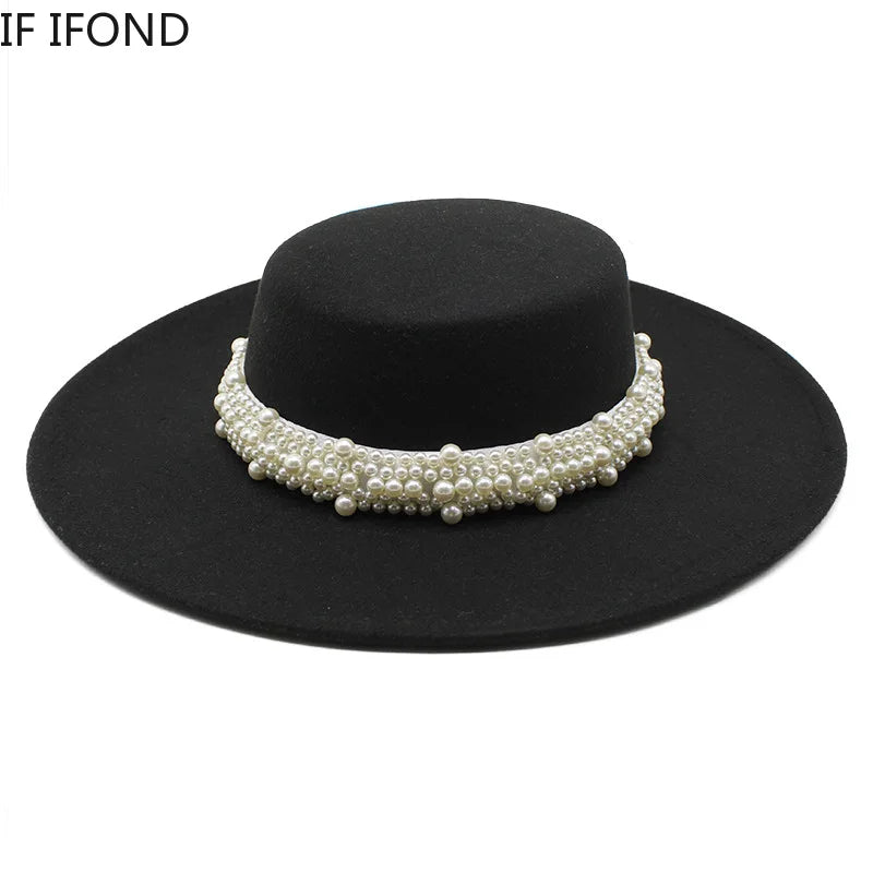 Fedora Hat For Women Temperament Elegant Beige Flat Top Jazz Caps 10CM Wide Brim Pearl Decoration Lady Wedding Dress Hat