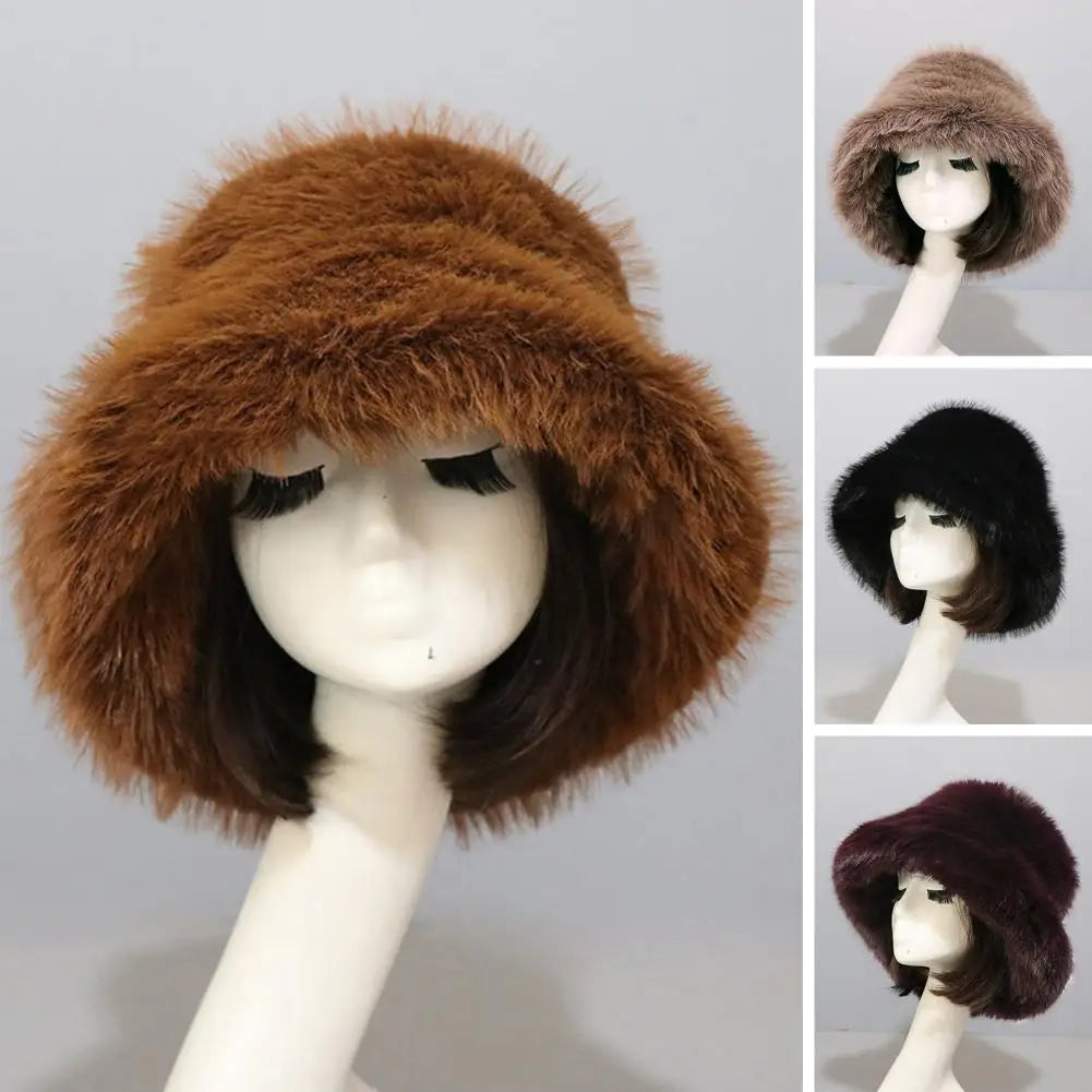 Bucket Hat Oversized Fluffy Wide Brim Soft Thickened Ear Faux Fur Winter Thermal Women Fisherman Cap