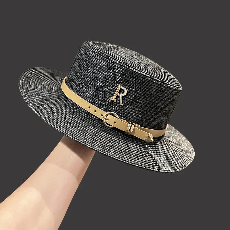 Trendy Luxury Designer Belt Buckle Flat Top Hat Summer Ladies Travel Sunshade Big Brim Straw Hats Retro Women Casual Bucket Cap