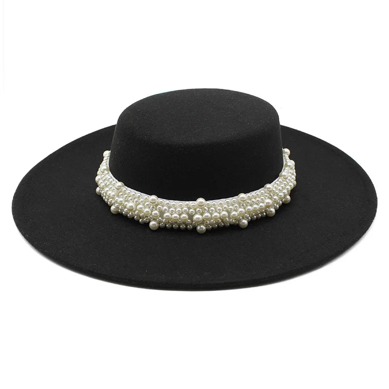 Fedora Hat For Women Temperament Elegant Beige Flat Top Jazz Caps 10CM Wide Brim Pearl Decoration Lady Wedding Dress Hat