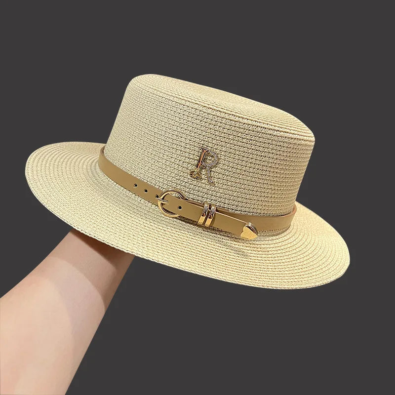 Trendy Luxury Designer Belt Buckle Flat Top Hat Summer Ladies Travel Sunshade Big Brim Straw Hats Retro Women Casual Bucket Cap