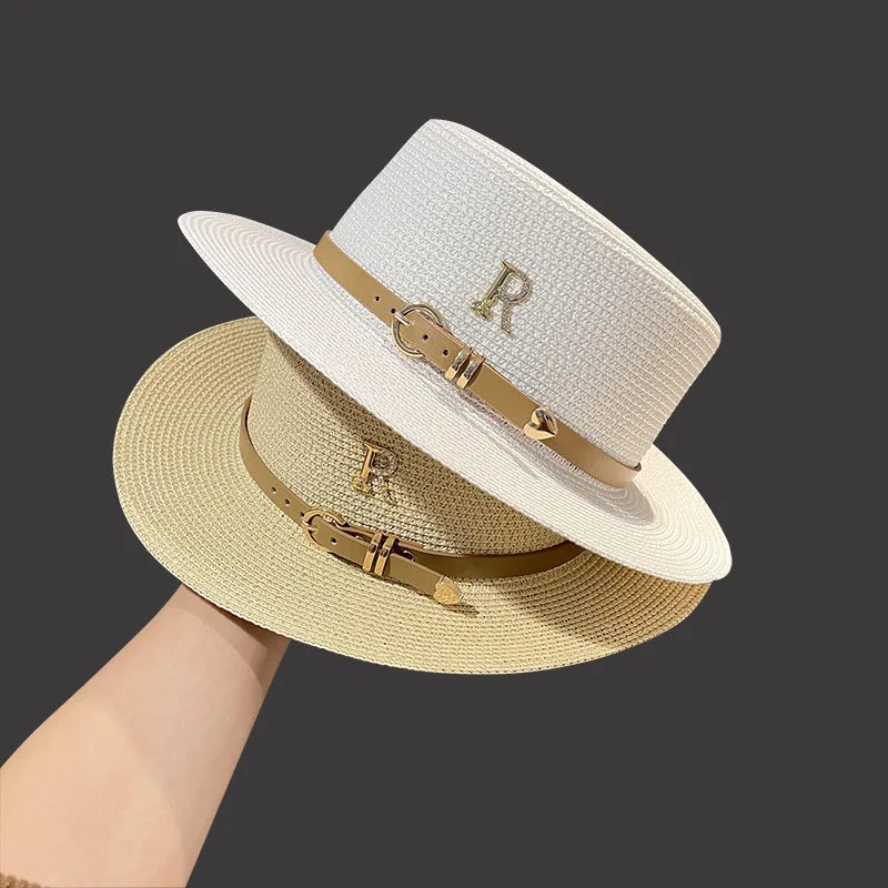 Trendy Luxury Designer Belt Buckle Flat Top Hat Summer Ladies Travel Sunshade Big Brim Straw Hats Retro Women Casual Bucket Cap