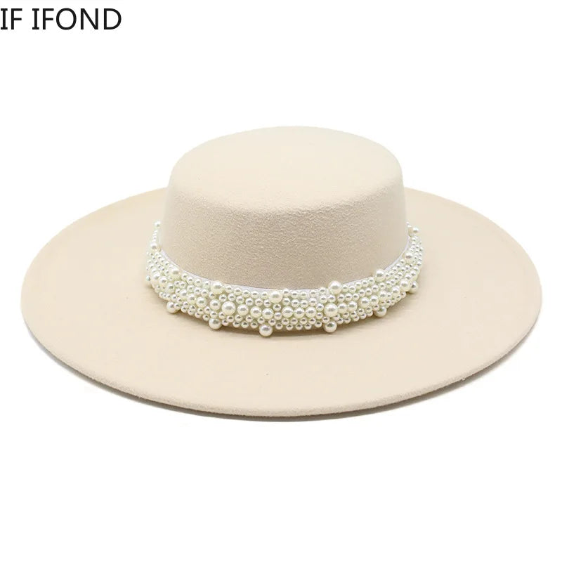 Fedora Hat For Women Temperament Elegant Beige Flat Top Jazz Caps 10CM Wide Brim Pearl Decoration Lady Wedding Dress Hat