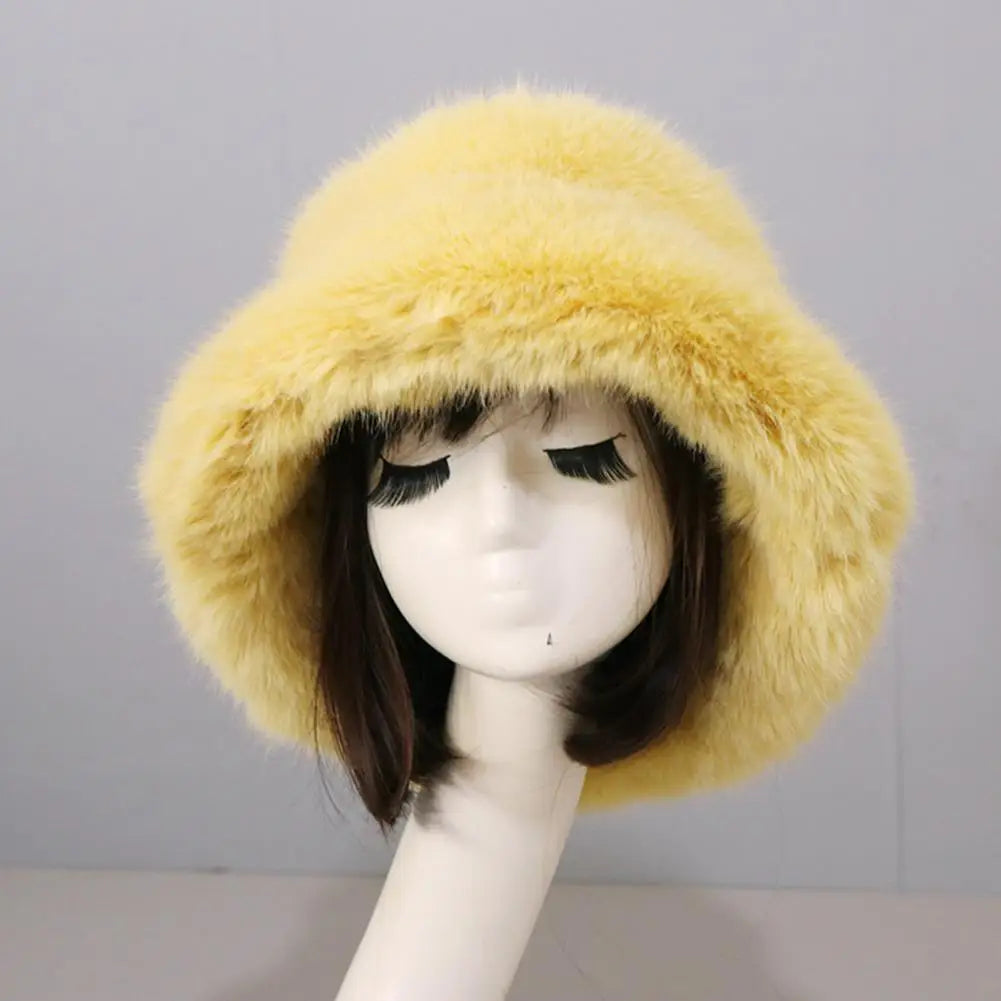 Bucket Hat Oversized Fluffy Wide Brim Soft Thickened Ear Faux Fur Winter Thermal Women Fisherman Cap