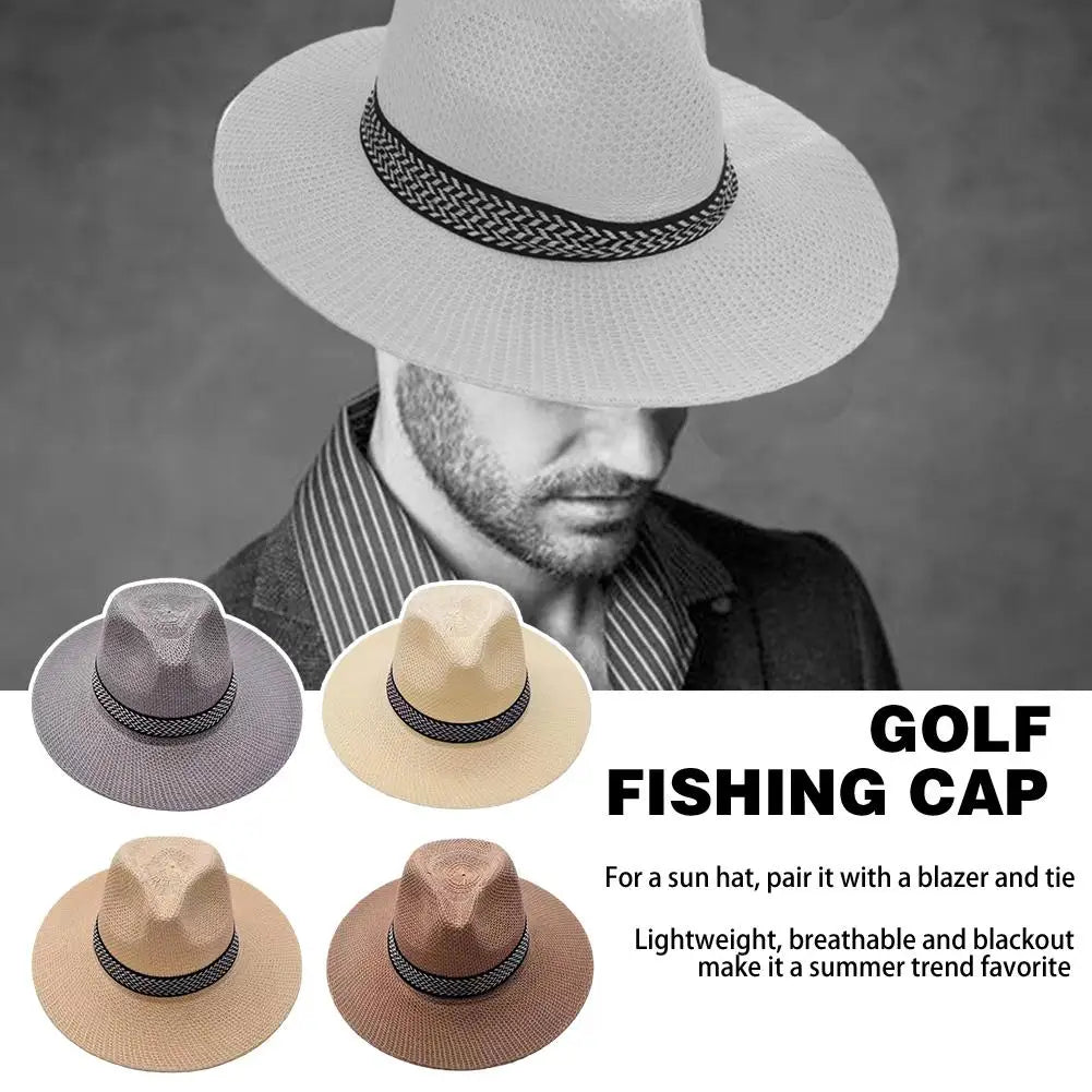 Men's Summer Straw Hat Beach Large Brim Panama Anti-UV Sun Hat Outdoor Golf Fishing Cap Panama Jack Men's Straw Safari Hat