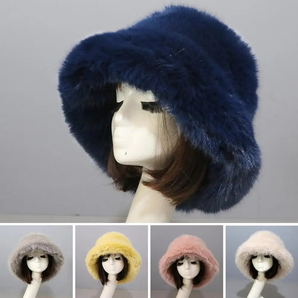 Bucket Hat Oversized Fluffy Wide Brim Soft Thickened Ear Faux Fur Winter Thermal Women Fisherman Cap