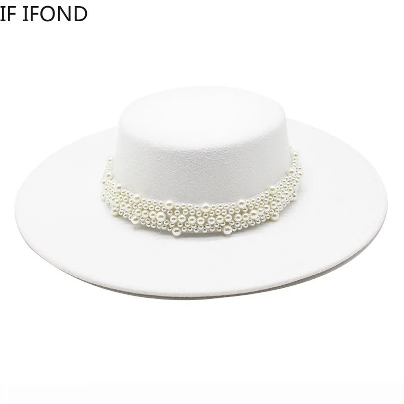 Fedora Hat For Women Temperament Elegant Beige Flat Top Jazz Caps 10CM Wide Brim Pearl Decoration Lady Wedding Dress Hat